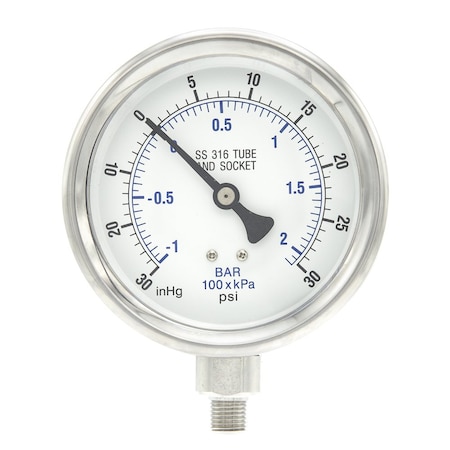 Pro 4 in Dial, 30 in Hg Vac/0/30 PSI & Bar, 1/4 in NPT, Lower Mount Dry/Fillable Pressure Gauge PRO-301D-404CC-01